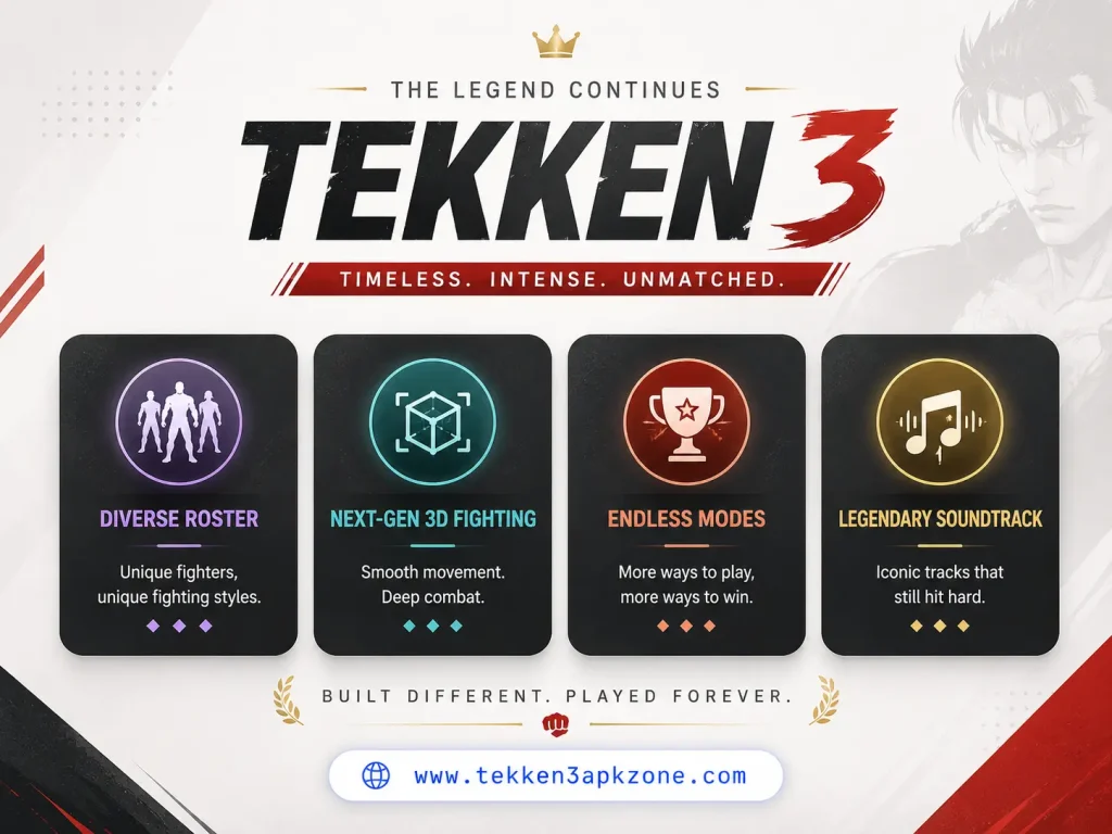 Tekken 3 premium infographic showing iconic features including characters, 3D combat, game modes, and soundtrack in a modern stylish layout